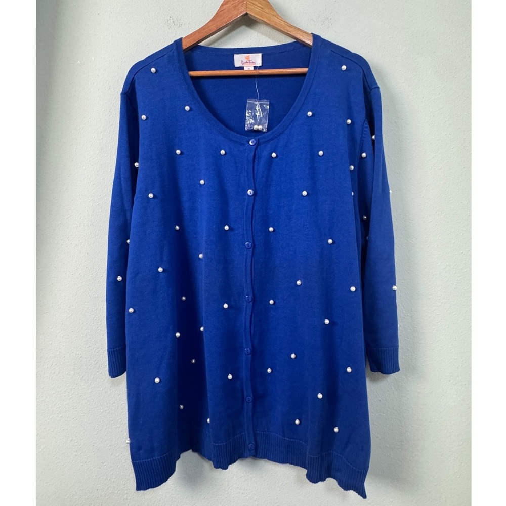 Quacker Factory Royal Blue Pearl Embellished 2 Piece Cardigan Shell Set 3X NEW